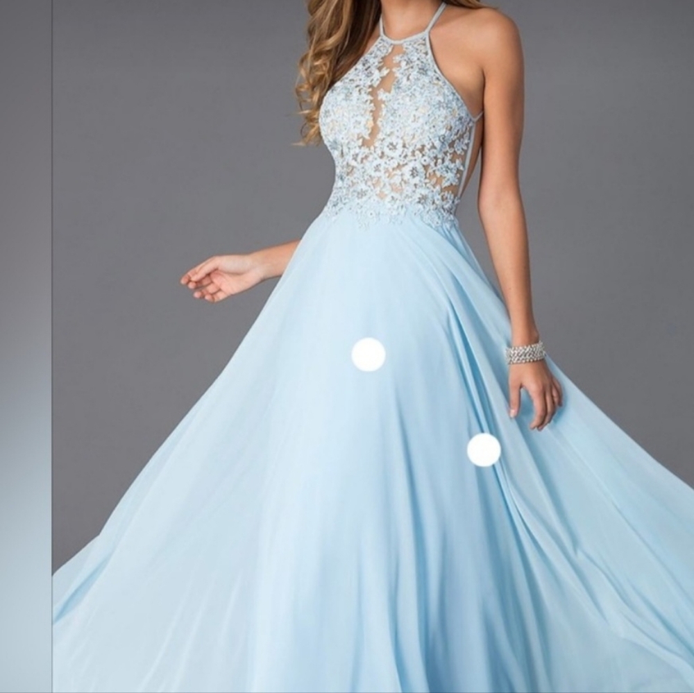 Elegant Blue Lace And Chiffon Halter,A Line Dress